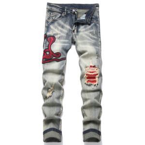 Men's Sanke Embroidery Stretch Denim Jeans Streetwear Red Leather Patch Slim Tapered Pants With Holes And Rips Trousers - ...