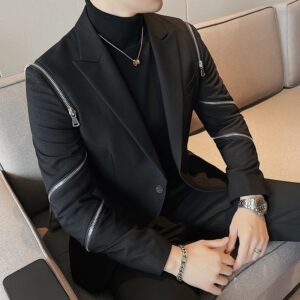 Woven Woven Autumn Winter Men's Chic Jacket Slim Fit Zipper Design Textured Stylish Punk Blazer Single Suit - Herrenbeklei...