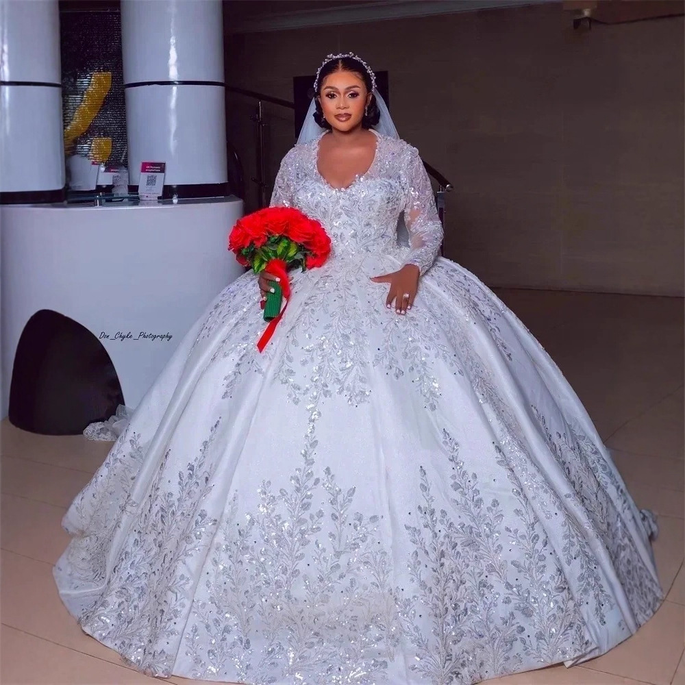 Women's Clothing Luxury Plus Size Wedding Dress Ball Gown V Neck Long Sleeved Lace Sequined Bridal Gown Beaded Lace Appliq...