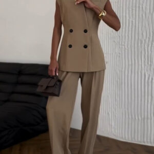 K Women's New Style Temperament Double Breasted Waisted Vest Top High Waisted Pants Set. No Accessories - Damenbekleidung