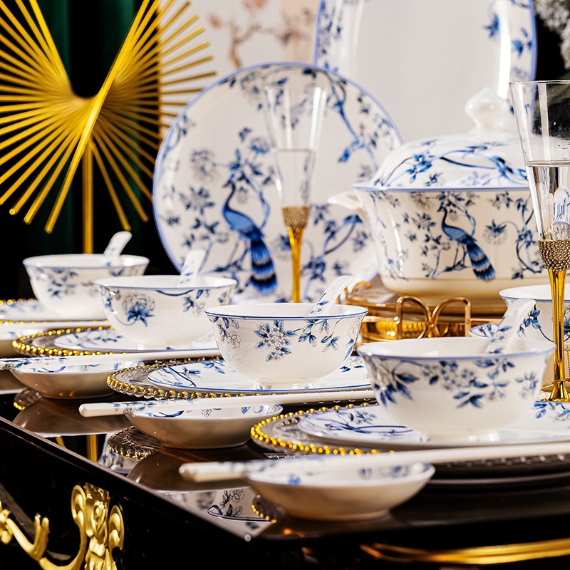 Blue Peacock Porcelain Dinnerware Set – Hand-Painted 56-Piece Chinese Ceramic Tableware, Microwave & Dishwasher Safe, Eleg...