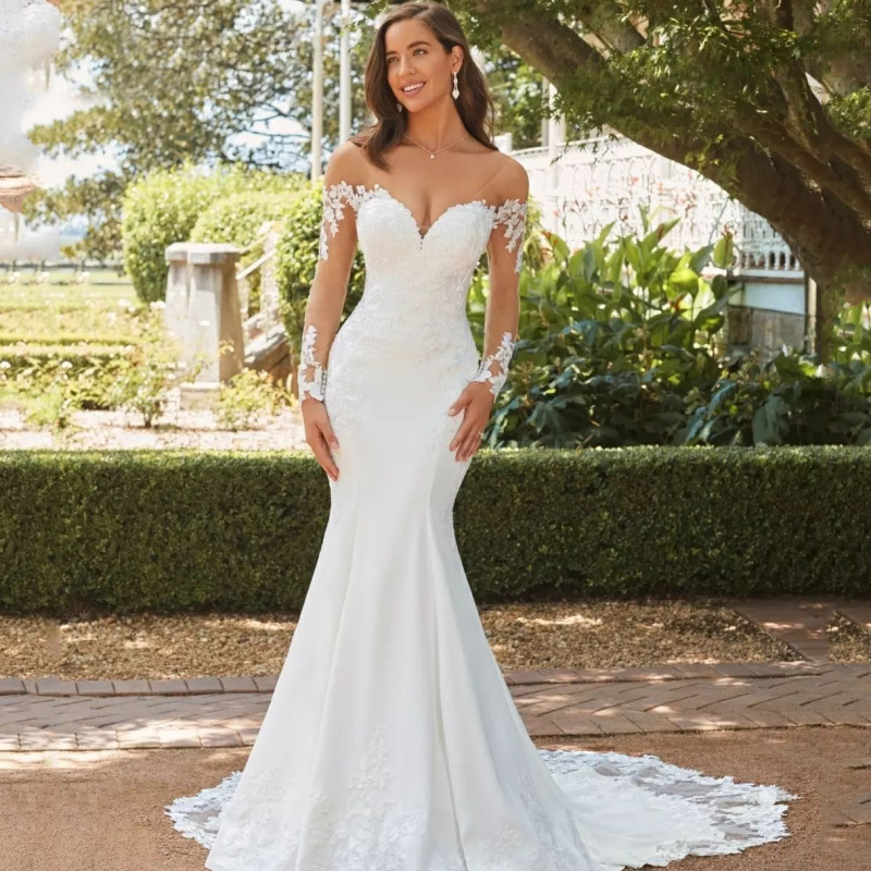 Women's Clothing Fishtail wedding dress new bride one shoulder long sleeve lace slim simple trailing palace retro - Damenb...