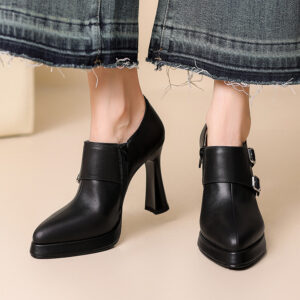 European Style Ankle Deep Mouth Single Shoes For Women Autumn Winter New Side Zipper Square Buckle Pointed High Heel - Schuhe