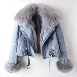​​Women's Detachable Faux Fox Fur Lined Denim Jacket - Short Coat With Bunny Fur Collar, Slim Fit, Casual & Elegant Style​...