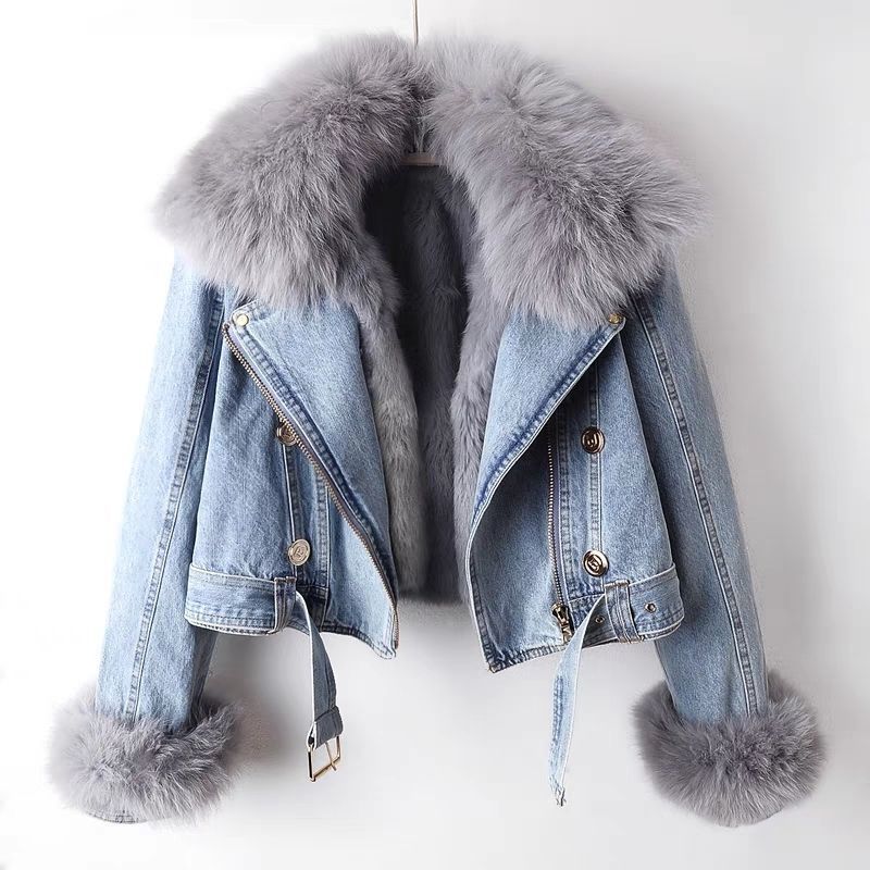 Women's Detachable Faux Fox Fur Lined Denim Jacket - Short Coat With Bunny Fur Collar, Slim Fit, Casual & Elegant Style...
