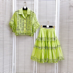 Women's Clothing Retro Autumn New Style Lapel Embroidered Lace Splicing Short Shirt With Large Swing Skirt Suit - Damenbek...