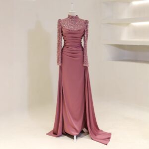 ​​Detachable Two-Piece Satin Evening Gown – Modest High-Neck Long Sleeve Formal Dress For Banquets & Performances​​ - Dame...