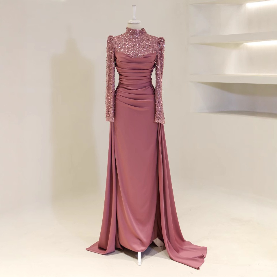 Detachable Two-Piece Satin Evening Gown – Modest High-Neck Long Sleeve Formal Dress For Banquets & Performances - Dame...