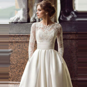 women's new wedding dress round neck lace long sleeves satin slimming can be customized in large sizes - Damenbekleidung