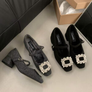 Cameido French Marie Jean Shoes 2025 Winter Water Diamond Buckle One-strap Fleece Single Shoes Gentle Women's Shoes - Schuhe