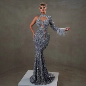 Elegant V-Neck Long Sleeve Bodycon Evening Dress With Slit & Glitter For Parties, Banquets, And Special Occasions - Damenb...