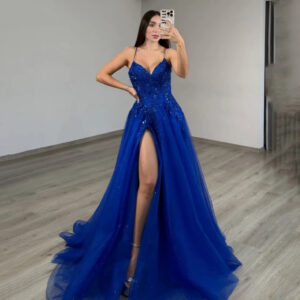 Elegant Blue Slimming Long Dress for Women Sexy Prom Evening Wear Regular Fit Spring/Summer Season - Damenbekleidung