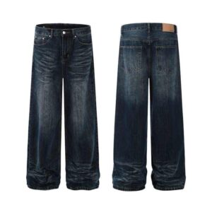 ​​Vintage Washed Denim Jeans For Men – Classic Straight Fit With Distressed Details | 55% Polyester