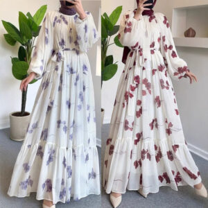 Ladies Fashion Elegant Holiday Round Neck Chiffon Flower With Belt Long Dress - Damenbekleidung | Technik & Gadgets