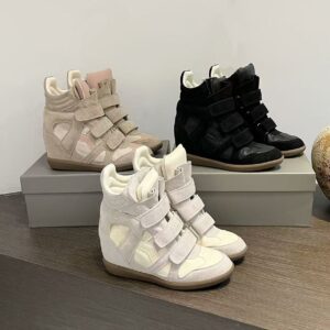 2026 Autumn Magic Tape Invisible Height Increase Women's 8CM Wedge Color Block Sports Casual Genuine Leather High Top - Sc...