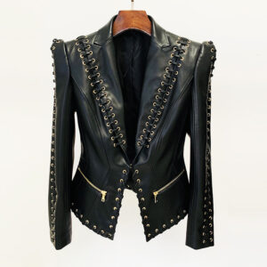 New European And American Star Fashion Heavy Work Eyelet Rope Slim Leather Coat Suit Jacket Coat. - Damenbekleidung