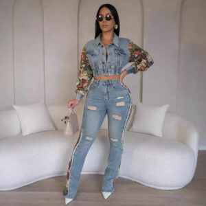 Women's Clothing new retro jeans women's stitching 2 piece set fashionable side lace suit - Damenbekleidung