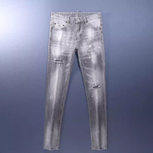 Men's Grunge Gray Jeans Paint Splatter Patchwork Distressed Ripped Denim Pants Slim Skinny Fit for Urban Artistic Style - ...