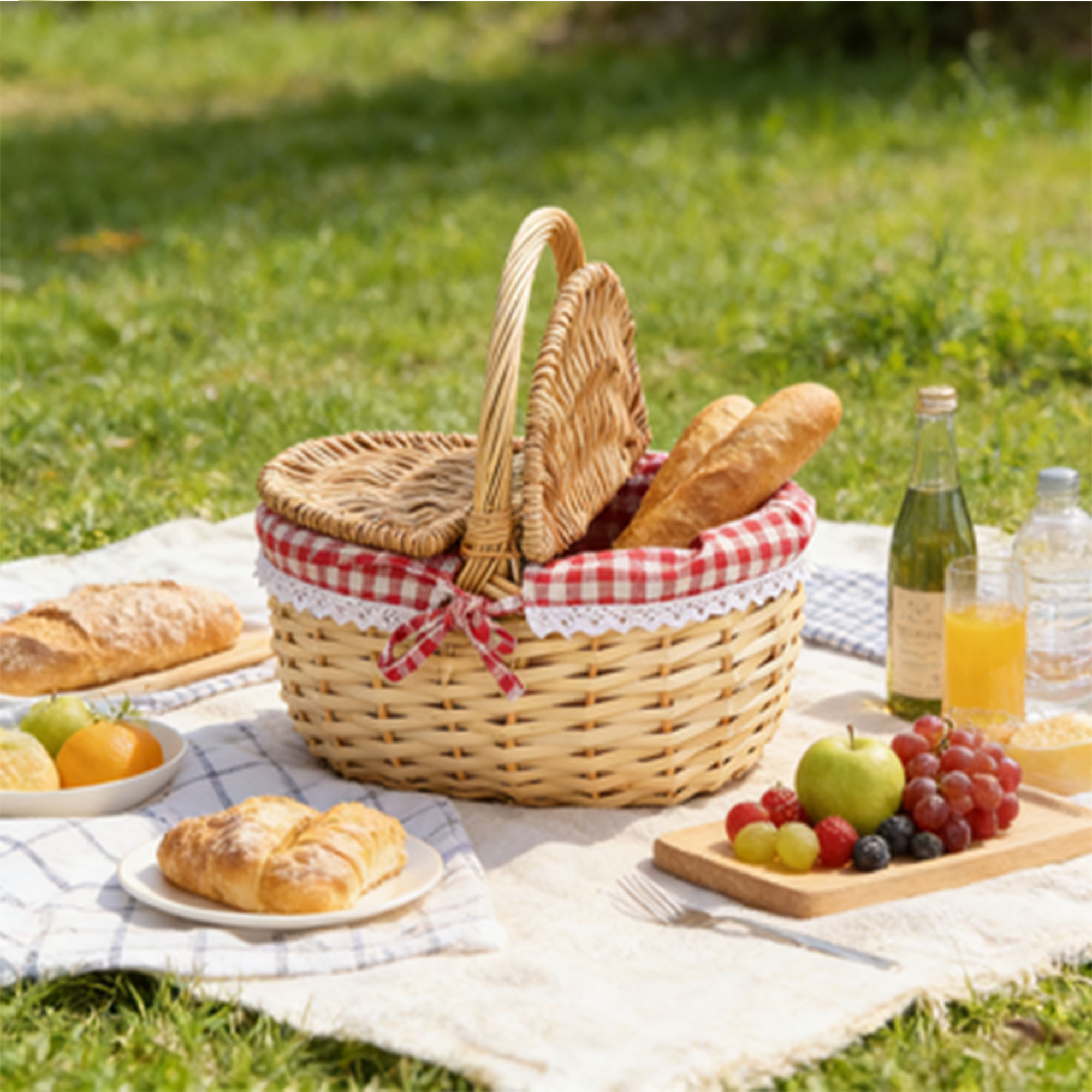 Willow Picnic Basket With Handle, Medium Size With Red Fabric Lining, Hand-woven, Convenient For Outdoor Camping And Picni...