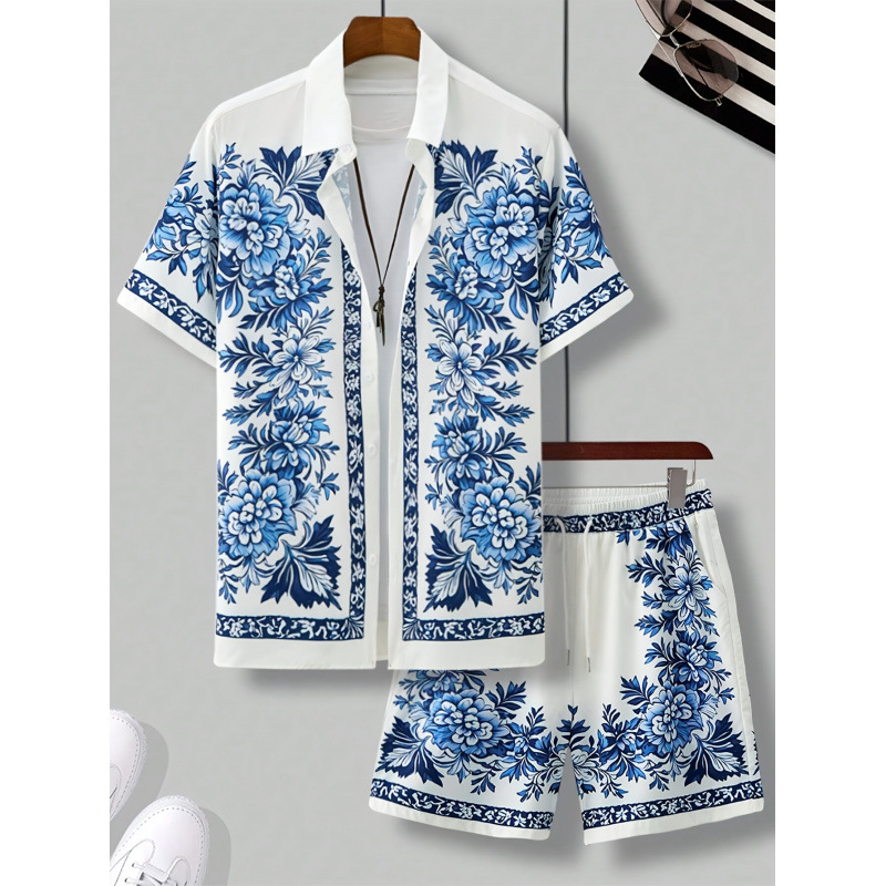 "Men's Short Sleeve Floral Print Shirt & Shorts Set - Lightweight Polyester Summer Casual Outfit - S-XXL" - Herrenbekl...
