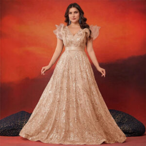 European And American Plus Size Fat Woman Dress Elegant Sequins Splicing V Neck Ruffle Party Cocktail Dinner Evening Dress...
