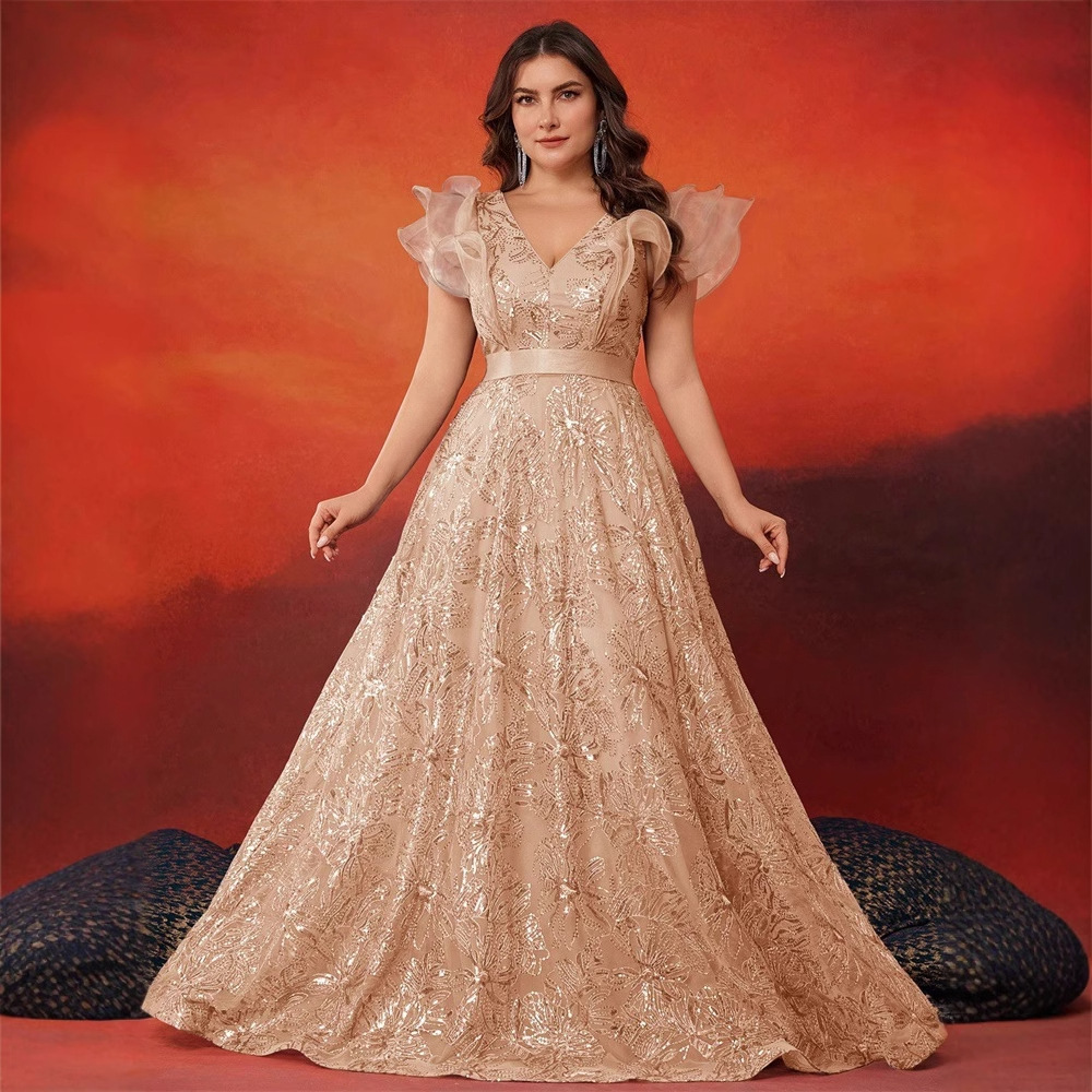 European And American Plus Size Fat Woman Dress Elegant Sequins Splicing V Neck Ruffle Party Cocktail Dinner Evening Dress...