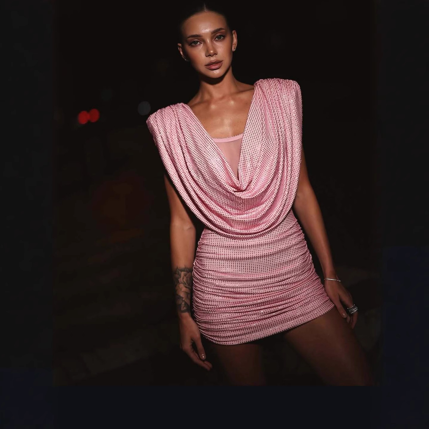Sparkling Rhinestone Stretch Mesh Mini Dress - Pink Deep V-Neck Sleeveless Bodycon Party Dress For Birthday, Evening & Dat...