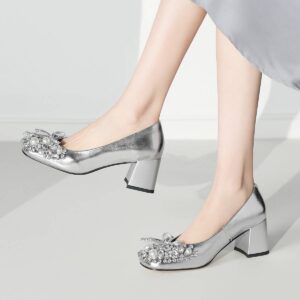 Cameido Women's Light Luxury And Simple Silver Mid-Heel Round-Toe Thick-Heel Sandals - Schuhe | Technik & Gadgets