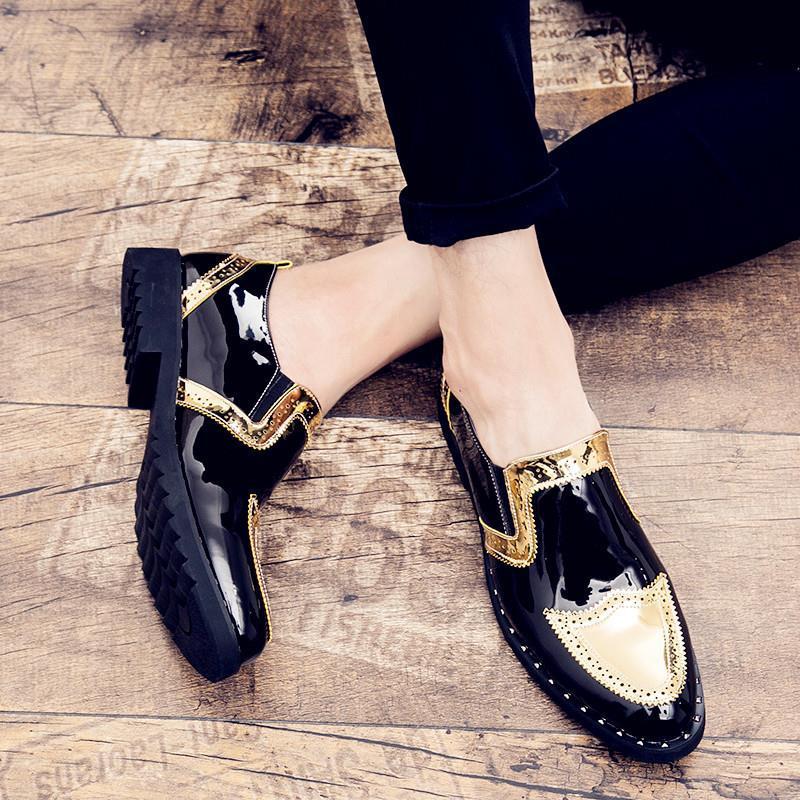 Casual Leather Gold Shiny Slip-on Loafers For Nightclubs, Hairstylists, Trendy Soft-soled Moccasins, Business And - Schuhe