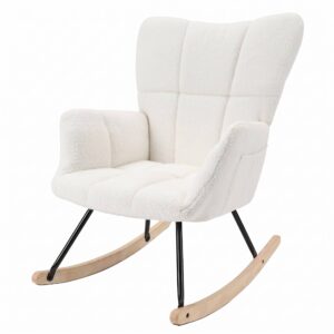 Rocking Chair Faux Lambskin Upholstered Ergonomic Accent Chair Skandi Style For Living Room Bedroom Beige - Waschen & Rein...