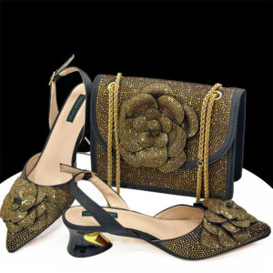 Women Shoe Bag Set Black Gold Pointed Toe High Heels Matching Square Shoulder Flower Decoration Women S Shoes And Bag Set ...