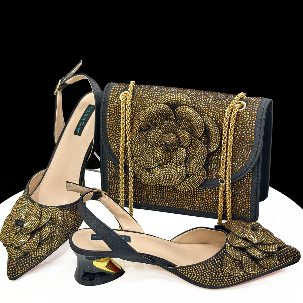 Women Shoe Bag Set Black Gold Pointed Toe High Heels Matching Square Shoulder Flower Decoration Women S Shoes And Bag Set ...