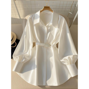 Women's Clothing Autumn New Temperament Waist Top Fat Light Luxury High End Sense Of Age Reducing White Long Sleeved Shirt...