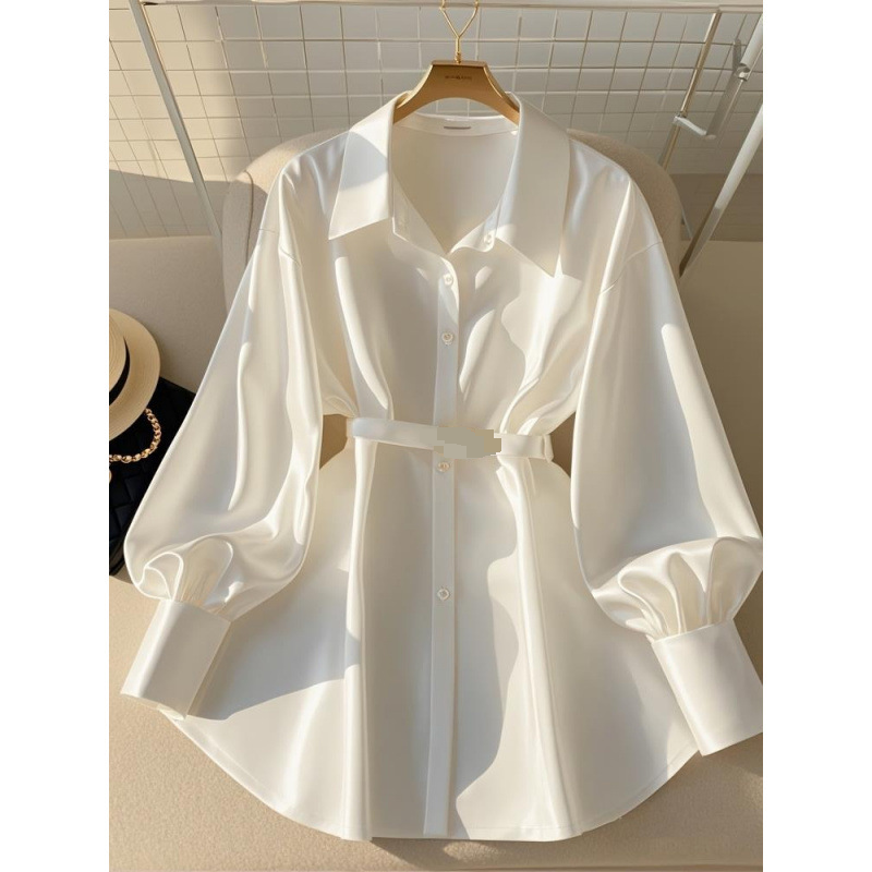 Women's Clothing Autumn New Temperament Waist Top Fat Light Luxury High End Sense Of Age Reducing White Long Sleeved Shirt...