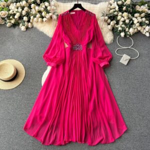Women's Clothing Seaside Vacation Travel Photography Lantern Long Sleeves V Neck Waist Slimming A Line Chiffon Pleated Dre...
