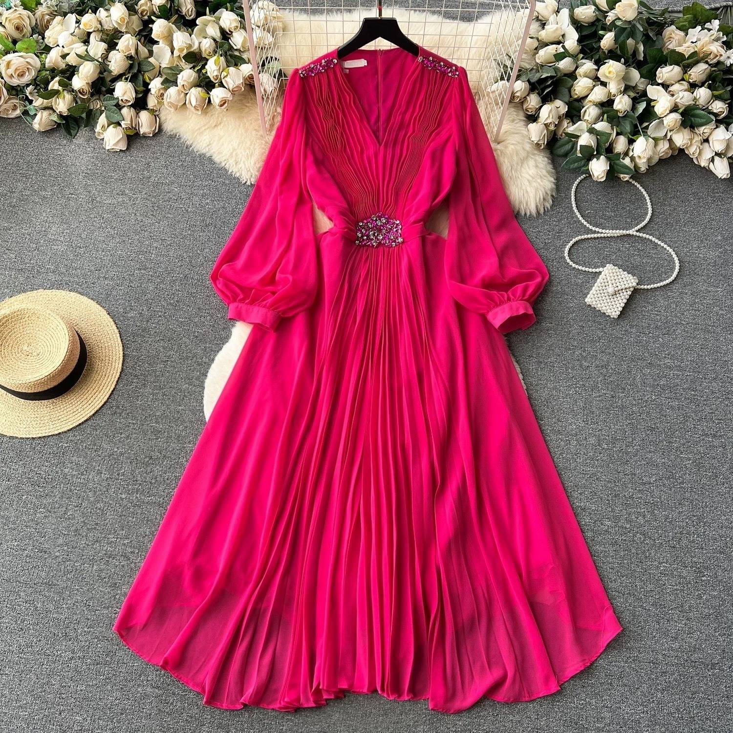 Women's Clothing Seaside Vacation Travel Photography Lantern Long Sleeves V Neck Waist Slimming A Line Chiffon Pleated Dre...