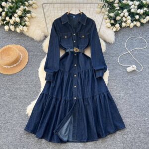 Damenbekleidung High-End-Elegantes Kleid Herbst Neues elegantes Damen-Revers-Einreiher-Midikleid aus tailliertem Denim - D...
