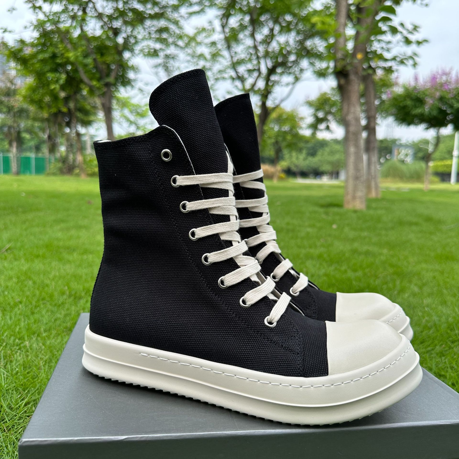 RO High Top Trendy Sneakers For Men, Plus Size, Thick Sole, Black, Suitable For Couples, Summer, Versatile Canvas Shoes, M...