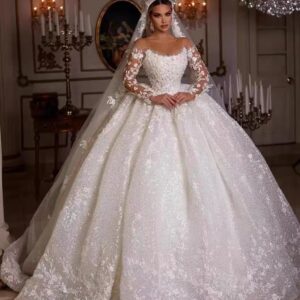 Women's Clothing Wedding dress Color mesh lace long sleeve high waist diamond decoration 3D three-dimensional flower brida...
