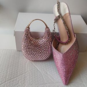 Pointed Toe Women's Crystal Shoes, Women's Pointed Stiletto High Heels And Crystal Evening Bag Complete Set - Taschen