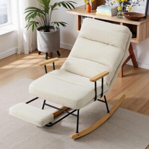 Adjustable Rocking Chair With Footrest Iron Frame Recliner 90° Adjustable Backrest Removable Cushion Rubberwood Legs Moder...
