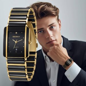 BERNY Rectangular Watches For Men Two-Tone Ceramic Band Quartz Analog Watch Diamond Stainless Steel Waterproof Minimalist ...