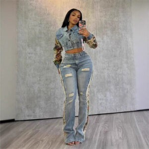 Women's Clothing Fashion Printed Color Matching Denim Jacket Jeans Two Piece Suit - Damenbekleidung | Technik & Gadgets