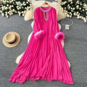 Women's Clothing autumn new elegant solid color dress round neck diamond inlaid loose fur splicing pleated long skirt - Da...