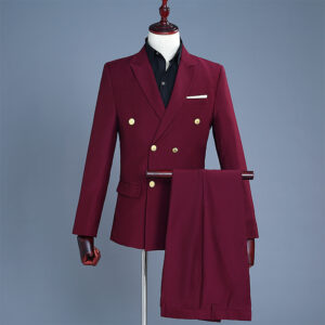 CT Men's Formal Set Burgundy Double Row Gold Buttons Suit Party Performance Host Singer Annual Meeting Costume Studio - He...