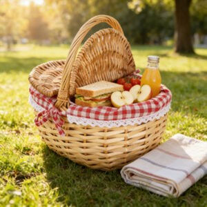 Willow Picnic Basket With Handle, Small Size With Red Fabric Lining, Hand-woven, Convenient For Outdoor Camping And Picnic...