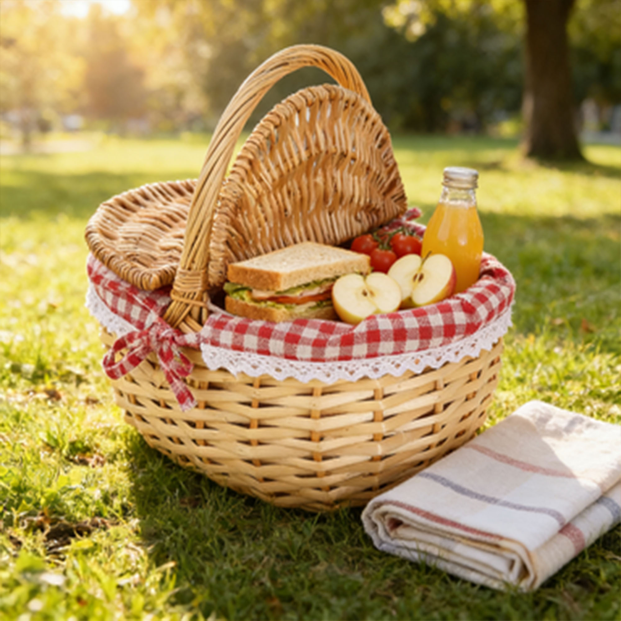 Willow Picnic Basket With Handle, Small Size With Red Fabric Lining, Hand-woven, Convenient For Outdoor Camping And Picnic...