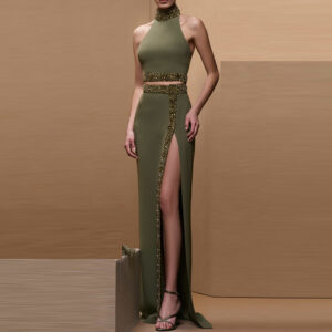 ​​Heavy Embellished Halter Top & High-Slit Midi Skirt Set – Beaded & Crystal-Studded Two-Piece Outfit For Parties & Evenin...