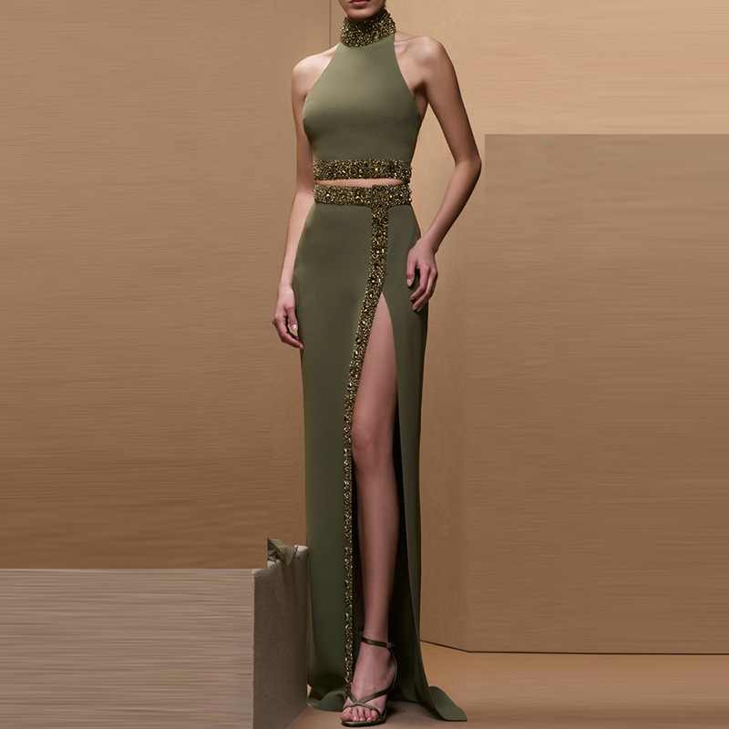 Heavy Embellished Halter Top & High-Slit Midi Skirt Set – Beaded & Crystal-Studded Two-Piece Outfit For Parties & Evenin...