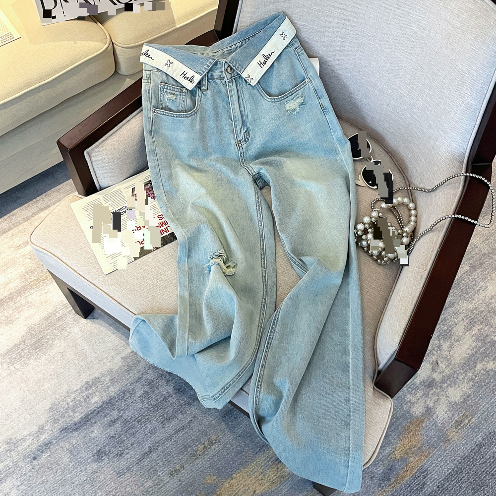 Women's Clothing Real Shot Of Summer Thin Design Style Cuff Letter Waist High Waist Loose Slim Denim Trousers Wide Leg Pan...